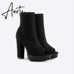 MOUSSE FIT Women Peep Toe Block Sock Boots mysite