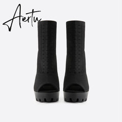 MOUSSE FIT Women Peep Toe Block Sock Boots mysite
