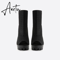 MOUSSE FIT Women Peep Toe Block Sock Boots mysite