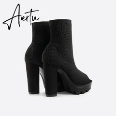 MOUSSE FIT Women Peep Toe Block Sock Boots mysite