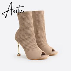 MOUSSE FIT Women Peep Toe Stiletto Heeled Sock Boots mysite