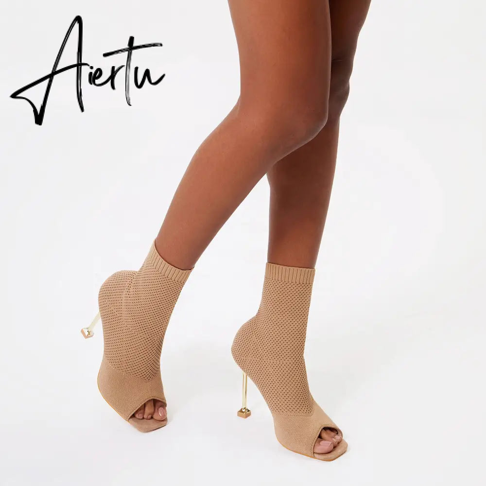 MOUSSE FIT Women Peep Toe Stiletto Heeled Sock Boots mysite
