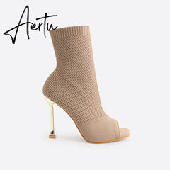 MOUSSE FIT Women Peep Toe Stiletto Heeled Sock Boots mysite