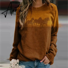 New Animal Horse Print Women Sweatshirt Fashion Elegant O Neck Women Tops Pullover Autumn Winter Casual Long Sleeve Blouse Aiertu