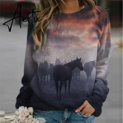 New Animal Horse Print Women Sweatshirt Fashion Elegant O Neck Women Tops Pullover Autumn Winter Casual Long Sleeve Blouse Aiertu