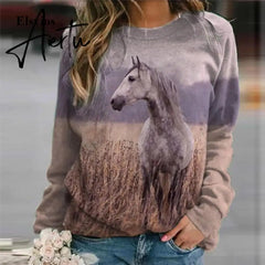 New Animal Horse Print Women Sweatshirt Fashion Elegant O Neck Women Tops Pullover Autumn Winter Casual Long Sleeve Blouse Aiertu