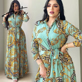 New Arrivals Dress For Women's Muslim French Elegant Long Sleeve Blouse Collar Dress Middle East Pearl Green Printed Skirt Aiertu