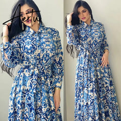 New Arrivals Dress For Women's Muslim French Elegant Long Sleeve Blouse Collar Dress Middle East Pearl Green Printed Skirt Aiertu