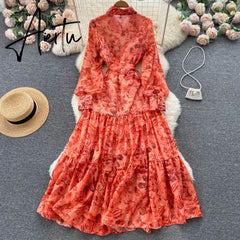 New Autumn Fashion Elegant Long Dress Women's Long Sleeve Lapel Printed Maxi Dress Female Seaside Holiday Beach Dress Aiertu