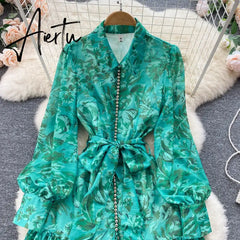 New Autumn Fashion Elegant Long Dress Women's Long Sleeve Lapel Printed Maxi Dress Female Seaside Holiday Beach Dress Aiertu