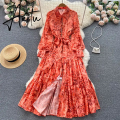 New Autumn Fashion Elegant Long Dress Women's Long Sleeve Lapel Printed Maxi Dress Female Seaside Holiday Beach Dress Aiertu