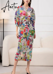 New Autumn/Winter Print Pleated Skirt/Holiday Party Temperament Loose Bat S Sleeve Dress Factory Spot Hot Sales Aiertu