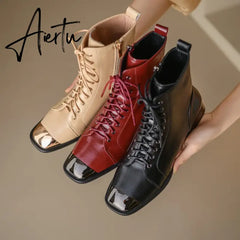 New Autumn winter Women ankle boots natural leather 22-25cm cowhide upper modern boots lace up metal toe short boots Aiertu