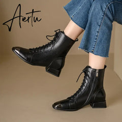 New Autumn winter Women ankle boots natural leather 22-25cm cowhide upper modern boots lace up metal toe short boots Aiertu