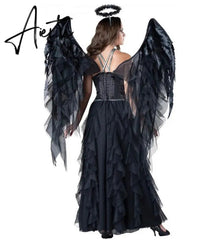 New Black Devil Fallen Angel Costume Adult Halloween Strapless Dress +Headwear +wing Gothic sexy Angel Cosply Costumes for women Aiertu