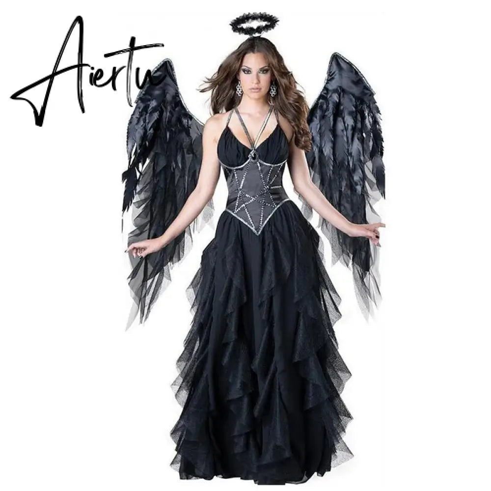 New Black Devil Fallen Angel Costume Adult Halloween Strapless Dress +Headwear +wing Gothic sexy Angel Cosply Costumes for women Aiertu