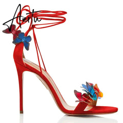 New Bowtie High Heels, Thin Heel Strap, Genuine Leather Flower Banquet, Hollow Out Sexy One Line Strap Sandals for Women Aiertu