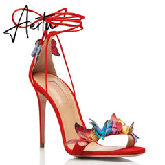 New Bowtie High Heels, Thin Heel Strap, Genuine Leather Flower Banquet, Hollow Out Sexy One Line Strap Sandals for Women Aiertu