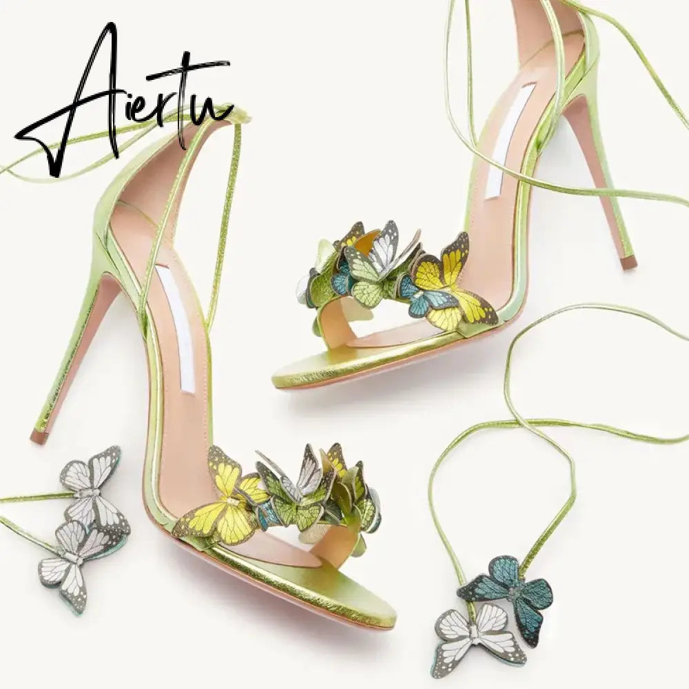 New Bowtie High Heels, Thin Heel Strap, Genuine Leather Flower Banquet, Hollow Out Sexy One Line Strap Sandals for Women Aiertu