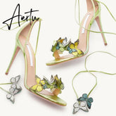 New Bowtie High Heels, Thin Heel Strap, Genuine Leather Flower Banquet, Hollow Out Sexy One Line Strap Sandals for Women Aiertu