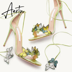 New Bowtie High Heels, Thin Heel Strap, Genuine Leather Flower Banquet, Hollow Out Sexy One Line Strap Sandals for Women Aiertu