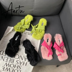 New Brand Chic Fluorescent green Plush Fur Fuzzy Sandals Women Low Thin Heels Fashion Clip Toe Ankle Lace Up Slides Shoes Aiertu