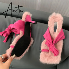 New Brand Chic Fluorescent green Plush Fur Fuzzy Sandals Women Low Thin Heels Fashion Clip Toe Ankle Lace Up Slides Shoes Aiertu