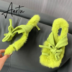 New Brand Chic Fluorescent green Plush Fur Fuzzy Sandals Women Low Thin Heels Fashion Clip Toe Ankle Lace Up Slides Shoes Aiertu