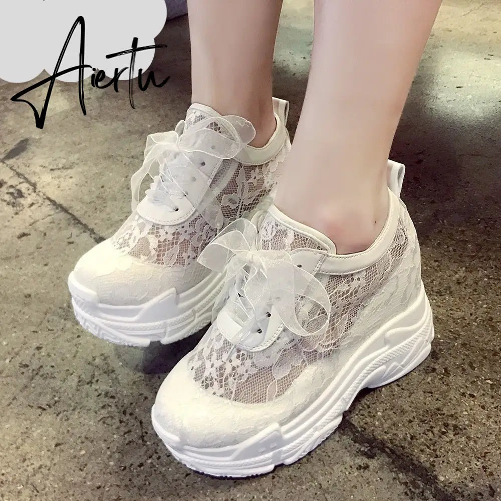 NEW Classic Women Mesh Platform Sneakers Trainers White Shoes High Heels Wedges Outdoor Shoes Breathable Casual Shoes Woman Aiertu