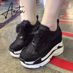NEW Classic Women Mesh Platform Sneakers Trainers White Shoes High Heels Wedges Outdoor Shoes Breathable Casual Shoes Woman Aiertu