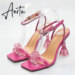 New Clear Flowers Design PVC Transparent Sandals For Women Chic Style High Heels Sexy Rhinestone Ankle Strap Dress Shoes Aiertu