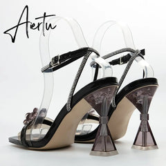 New Clear Flowers Design PVC Transparent Sandals For Women Chic Style High Heels Sexy Rhinestone Ankle Strap Dress Shoes Aiertu