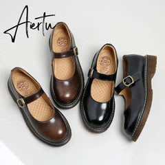 Aiertu New College Single Shoes Magic Stickers Flat Summer Shoes Female Mary Jane Shoes Genuine Leather Lolita Vintage Shoes Aiertu