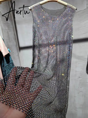 New Color Mesh Diamond Crystal Dress Party Dance DIsc Sparkling Vestido Midi Elegante Sexy Dress Women Club Sexy Dress Women Aiertu