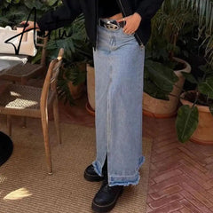 New Cotton Simple Vintage Long A-Line Skirt Slit Denim Skirt Y2K Party Skinny Vestidos Women Clothes Vero Vintage Size Aiertu