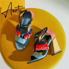 New Designer High Heel Shoes Women Summer Sandals Ruffles Bird Decor Party Heels Bling Rhinestone Chunky Heel Novelty Sandalias Aiertu