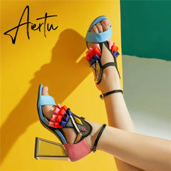 New Designer High Heel Shoes Women Summer Sandals Ruffles Bird Decor Party Heels Bling Rhinestone Chunky Heel Novelty Sandalias Aiertu