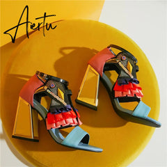 New Designer High Heel Shoes Women Summer Sandals Ruffles Bird Decor Party Heels Bling Rhinestone Chunky Heel Novelty Sandalias Aiertu