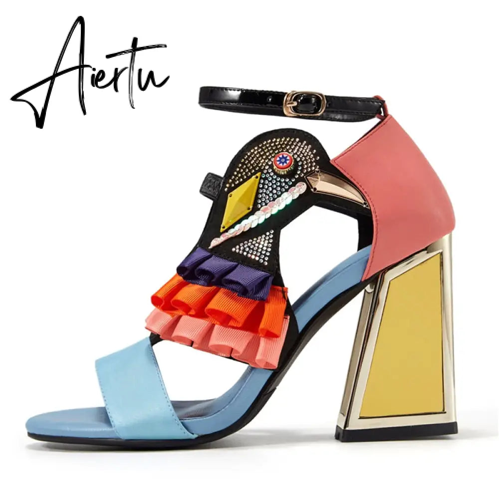 New Designer High Heel Shoes Women Summer Sandals Ruffles Bird Decor Party Heels Bling Rhinestone Chunky Heel Novelty Sandalias Aiertu