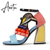 New Designer High Heel Shoes Women Summer Sandals Ruffles Bird Decor Party Heels Bling Rhinestone Chunky Heel Novelty Sandalias Aiertu