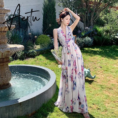 New Elegant Printed Dress Women's French Halter Neck Backless Sexy Floral Dress Summer Female V-Neck Beach Holiday Dress Aiertu