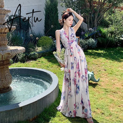 New Elegant Printed Dress Women's French Halter Neck Backless Sexy Floral Dress Summer Female V-Neck Beach Holiday Dress Aiertu