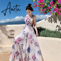 New Elegant Printed Dress Women's French Halter Neck Backless Sexy Floral Dress Summer Female V-Neck Beach Holiday Dress Aiertu