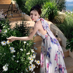 New Elegant Printed Dress Women's French Halter Neck Backless Sexy Floral Dress Summer Female V-Neck Beach Holiday Dress Aiertu