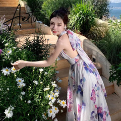 New Elegant Printed Dress Women's French Halter Neck Backless Sexy Floral Dress Summer Female V-Neck Beach Holiday Dress Aiertu