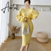 New Fall/Winter Bat Sleeve O-Neck Soft Sweater + Women's Knitted Vest Long Dress Two-Piece Dress Sets Femme Aiertu