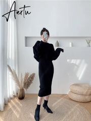 New Fall/Winter Bat Sleeve O-Neck Soft Sweater + Women's Knitted Vest Long Dress Two-Piece Dress Sets Aiertu