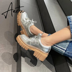 New Fashion Casual Shoes Women Pumps Genuine Leather Footwear Lace Up Gold Silver Punk Square Heel Platform Shoes Women Aiertu