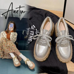 New Fashion Casual Shoes Women Pumps Genuine Leather Footwear Lace Up Gold Silver Punk Square Heel Platform Shoes Women Aiertu