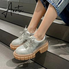 New Fashion Casual Shoes Women Pumps Genuine Leather Footwear Lace Up Gold Silver Punk Square Heel Platform Shoes Women Aiertu